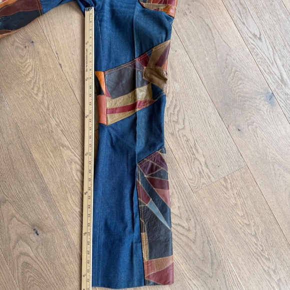 Vintage 70s Aura Rosemary Denim Leather Patchwork Vest & Flare Jeans Set L 32 - Picture 12 of 15